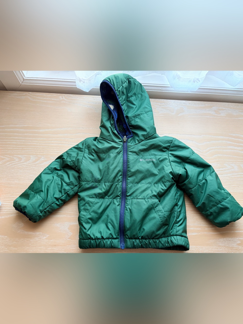 Columbia Kids Green Hooded Puffer Jacket with Navy Trim